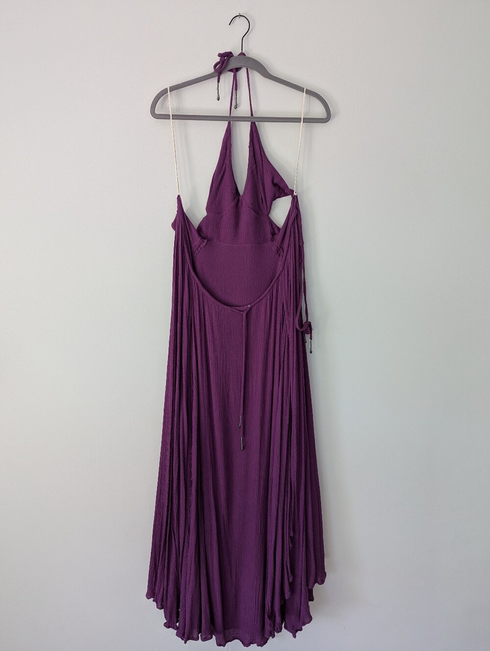 Free People Lille Maxi Halter Dress Seam Slits Back Tie Bell Accents - Picture 6 of 12